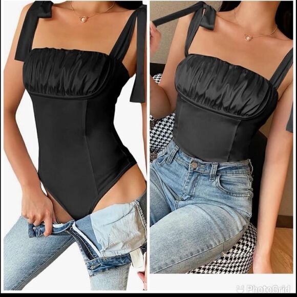 Sexy Satin Sleeveless Backless Tie Shoulder Straps Ruffle Corset Top Bodysuit M - Picture 3 of 11